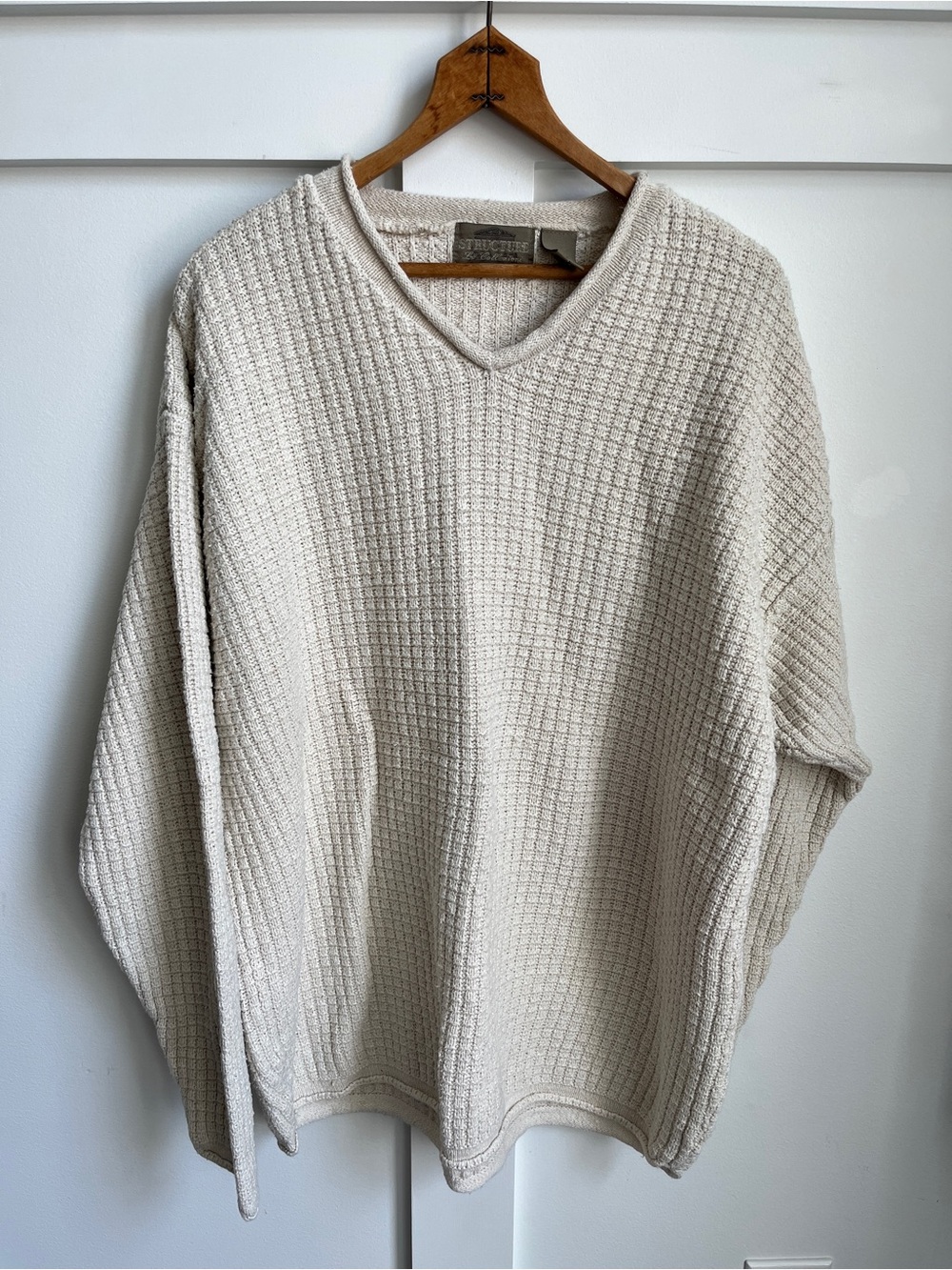 Vintage Structure Men's 100% Silk Beige Waffle Knit V-Neck Sweater Large